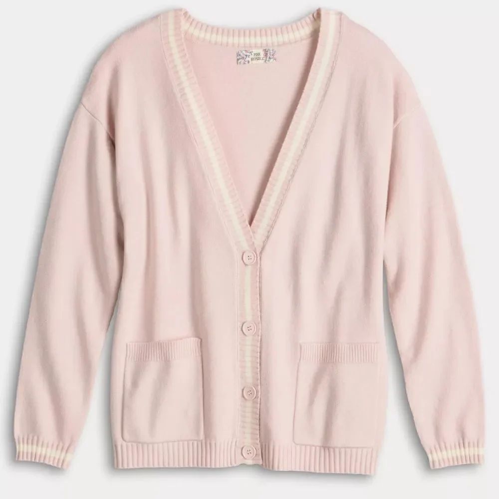 Pink Republic XS-S Navy White Stripe Knit Button V-Neck Cardigan with Pockets - Picture 4 of 16